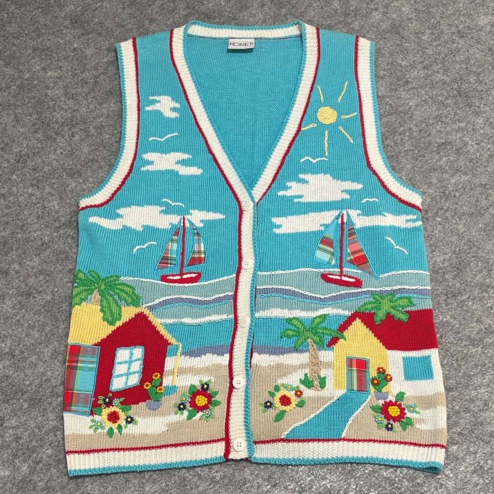 Vintage Turquoise Scenic Knit Vest with Red, Yellow and Green Accents